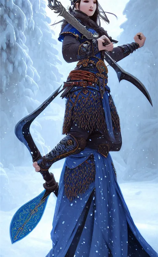 Image similar to azure viking warrior, regal, elegant, winter, snow, beautiful, stunning, hd, illustration, epic, d & d, fantasy, intricate, elegant, highly detailed, wide angle, digital painting, artstation, concept art, smooth, sharp focus, illustration, wallpaper, art by artgerm and greg rutkowski and alphonse mucha and jin xiaodi