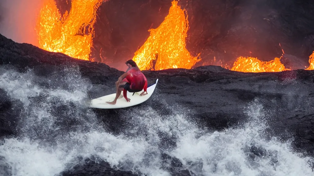 Image similar to medium shot of a person wearing a sponsored team jersey surfing down a river of lava on the side of a volcano on surfboard, action shot, dystopian, thick black smoke and fire, sharp focus, medium shot