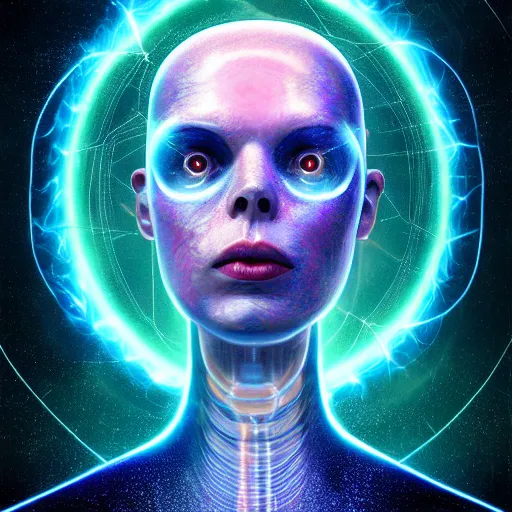 Image similar to I've discovered life, scientist, ecstatic, infinite power, manic, perfect eyes, full body shot, chemical structures, atoms, molecules, portrait, energized face, noble, transformation, vivid colors, elegant, concept art, sharp focus, digital art, Hyper-realistic, 4K, Unreal Engine, Highly Detailed, HD, Dramatic Lighting by Brom, trending on Artstation