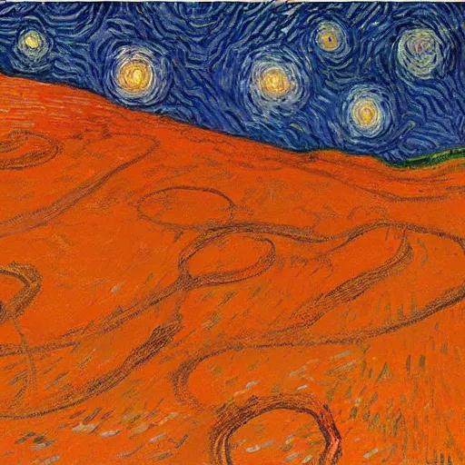 Image similar to starry night on mars, red dust, snakes, dim distant light, towers, painting by van gogh