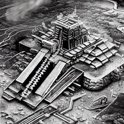 Image similar to spacecraft on fire and smoking crash landed into ancient Mayan temple, highly detailed, very intricate, aerial photograph, artstation
