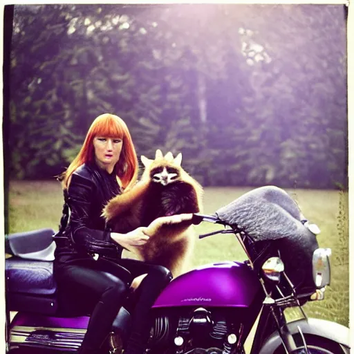 Prompt: a photo by arbus of a slender beautiful woman with straight ginger hair and bangs, wearing purple leathers and gold helmet, posing with large ginger tabby and raccoon on a motorcycle in her front yard, holding coffee mug and toasted brioche bun, fashion photography, dramatic lighting, 8 5 mm lens