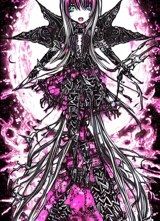 Image similar to spiked bloodmoon sigil stars draincore, goregrind album cover, baroque bedazzled gothic royalty frames surrounding a hellfire hexed witchcore aesthetic, dark vhs broken hearts, neon glyphs spiked pixelsort fairy kei decora doll by guro manga artist Shintaro Kago