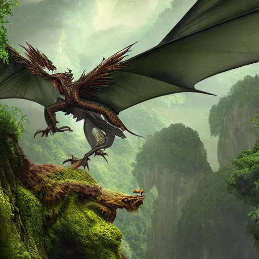 Image similar to a feathered dragon with wings spread out and an open mouth flying over high cliffs and jungles with large trees and vines, fantasy, 8k, realistic