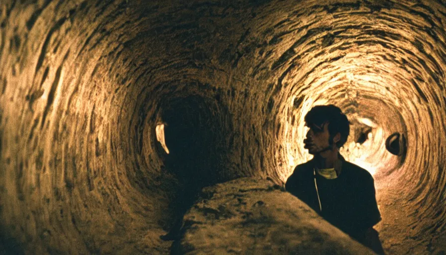 Image similar to 1 9 7 0 s movie still of a man in a barque in a bloodytunnel, cinestill 8 0 0 t