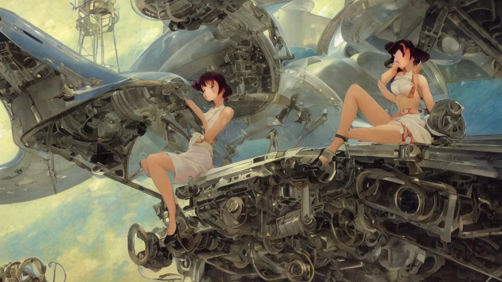 Prompt: a film still of a 1 9 5 0's mechanic anime girl sitting on top of ufo landing in hangar of giant ufo spaceship, sharp focus, finely detailed features, full body mid shot, perfect art, trending on pixiv fanbox, painted by gaston bussiere, makoto shinkai, akihiko yoshida, gaston bussiere, craig mullins