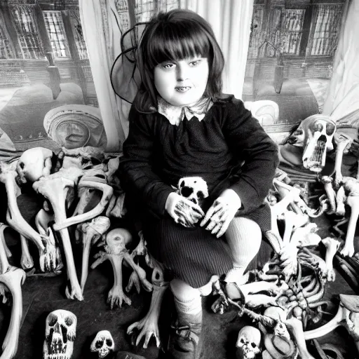 Prompt: a photo of young sad victorian gothic child with big eyes and wide grin sitting on a sofa of bones surrounded by a cyber futuristic cityscape made of human body parts, lighting, 5 0 mm, award winning photography
