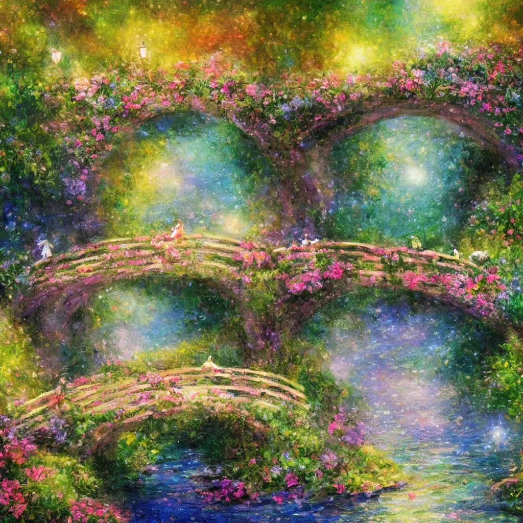 Image similar to fairyland bridge, outside of time and space, dreamy, romantic, expressive impressionist style, highly detailed, 8 k