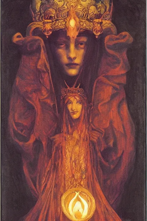 Image similar to queen of the underworld with her lantern, by Annie Swynnerton and Nicholas Roerich and jean delville, dramatic cinematic lighting , ornate headdress , flowing robes, sacred artifacts, lost civilizations, smooth, sharp focus, extremely detailed