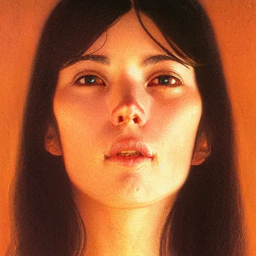 Image similar to Facial portrait of a cute shy woman, looking away from the camera, shy smile, mouth slightly open, lips slightly parted, long flowing black hair, no hands visible, intricate, extremely detailed painting by Henry Justice Ford and by Greg Rutkowski and by Moebius, golden hour