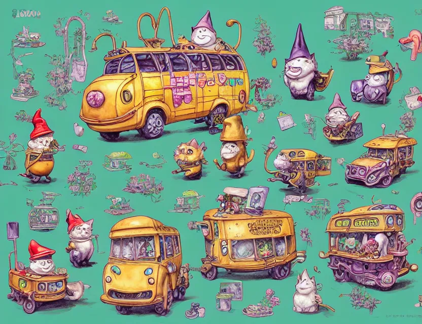 Image similar to cute and funny, a garden gnome driving a steampunk bus, a cat on the roof holding on, ratfink style by ed roth, centered award winning watercolor pen illustration, isometric illustration by chihiro iwasaki, edited by range murata, tiny details by artgerm and watercolor girl, sharply focused