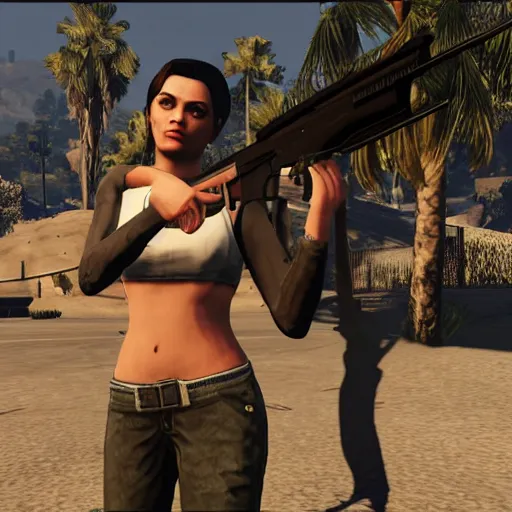 Image similar to gta 5, gta V style, gorgeous, girl with a gun