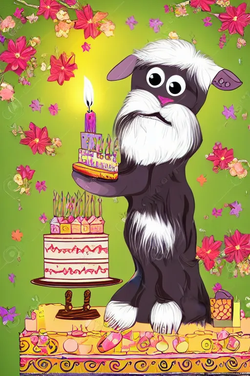 Prompt: an elderly goat with a long white beard, sitting in front of a birthday cake with lit candles, in the style of a children's book illustration, cute, highly detailed digital art