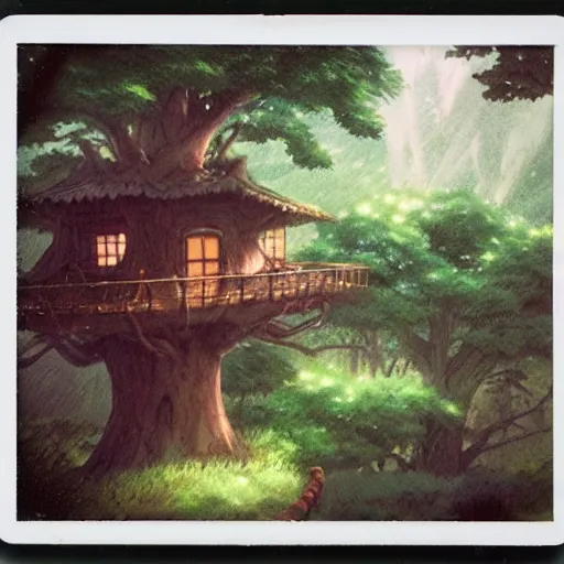 Prompt: Polaroid of The Tree house battle, by Dice Tsutsumi, Makoto Shinkai, Studio Ghibli