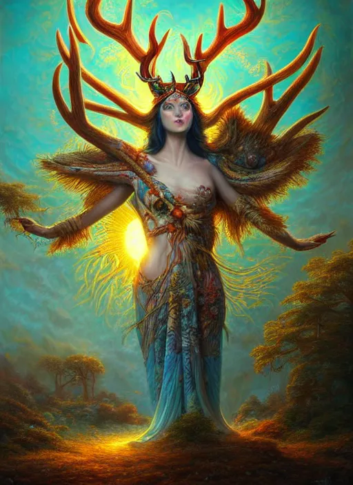 Prompt: gigantic sun goddess with antlers like trees, extremly detailed digital painting, vibrant colors, in the style of artgem and tomasz alen kopera and fenghua zhong and peter mohrbacher, mystical colors, rim light, beautiful lighting, 8 k, stunning scene, raytracing, octane, trending on artstation