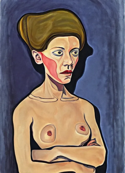 Image similar to a portrait of a pretty sewer punk young lady by alice neel