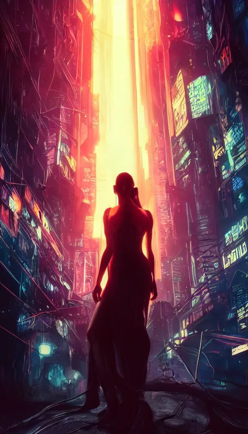 Image similar to altered carbon, young bella hadid, sweaty, tech, warhammer, neon, lord of the rings, intricate, surrealistic, story, highly detailed, digital painting, artstation, concept art, smooth, sharp focus, illustration, unreal engine 5, 8 k, art by artgerm and greg rutkowski and alphonse mucha