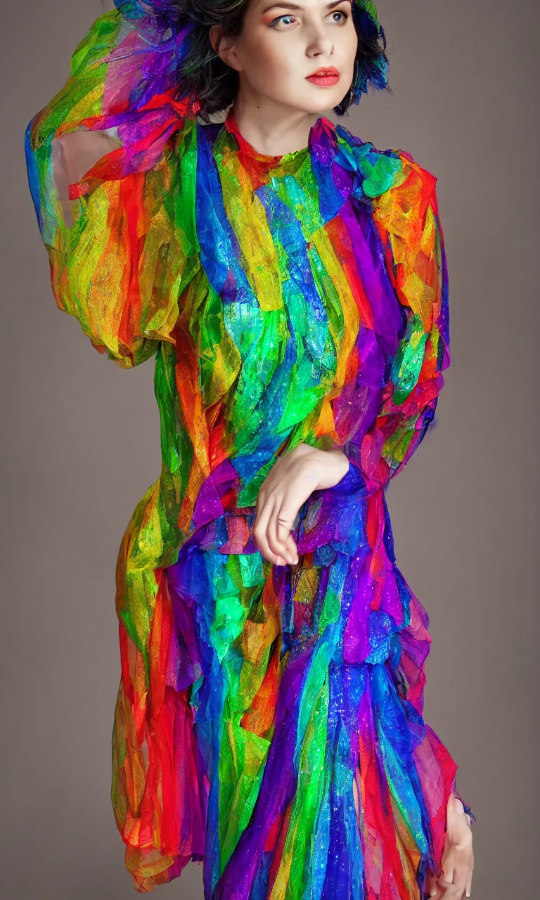 Image similar to full-length photo of a beautiful woman wearing a sheer rainbow dress, fashion photography