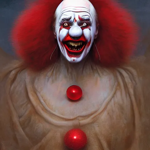 Image similar to vladimir putin, horror clown costume, red nose jester, macabre, stuning 3 d render, masterpiece, dark, by donato giancola and greg rutkowski and wayne barlow and zdzisław beksinski, realistic face