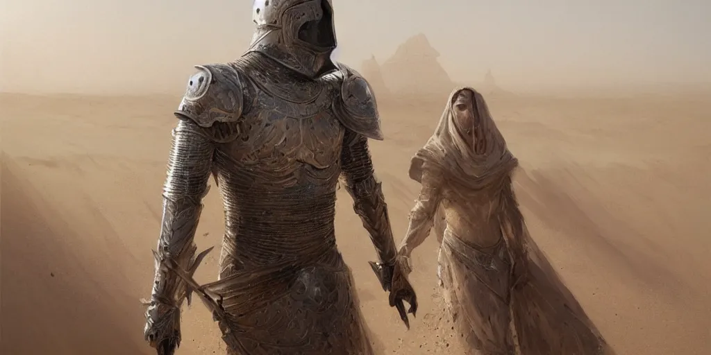 Prompt: a knight in crystal armor in the desert surrounded by sand dunes, greg rutkowski, 8 k, shallow depth of field, intricate detail, concept art,