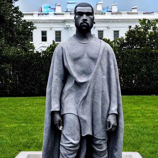 Prompt: a granite statue of kanye west, infront of the white house, photograph