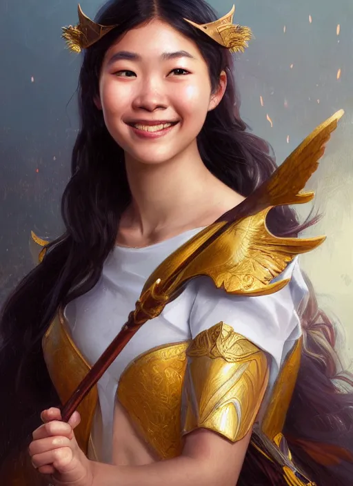 Image similar to Close-up portrait of smiling young asian woman wearing a winged helmet and bare shoulders, holding a magic staff, portrait, highly detailed, digital painting, artstation, concept art, sharp focus, illustration, art by artgerm and greg rutkowski and alphonse mucha