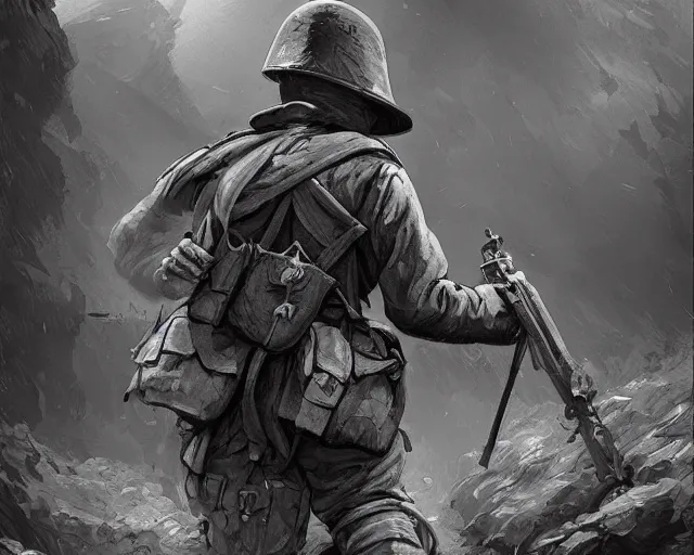 Image similar to A despaired soldier in a world war 1 trench, black and white, amazing digital art, hyper detailed, artstation, in the style of Tony Sart