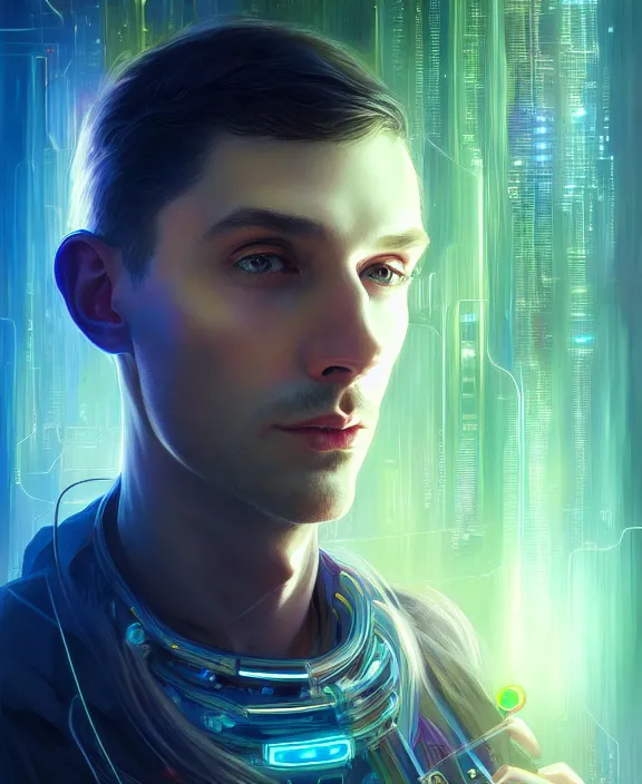 Image similar to a whirlwind inside the metaverse, guy, male, man, hologram, half body, neurochip, android, cyborg, cyberpunk face, by loish, d & d, fantasy, intricate, elegant, highly detailed, colorful, digital painting, artstation, concept art, art by artgerm and greg rutkowski and alphonse mucha