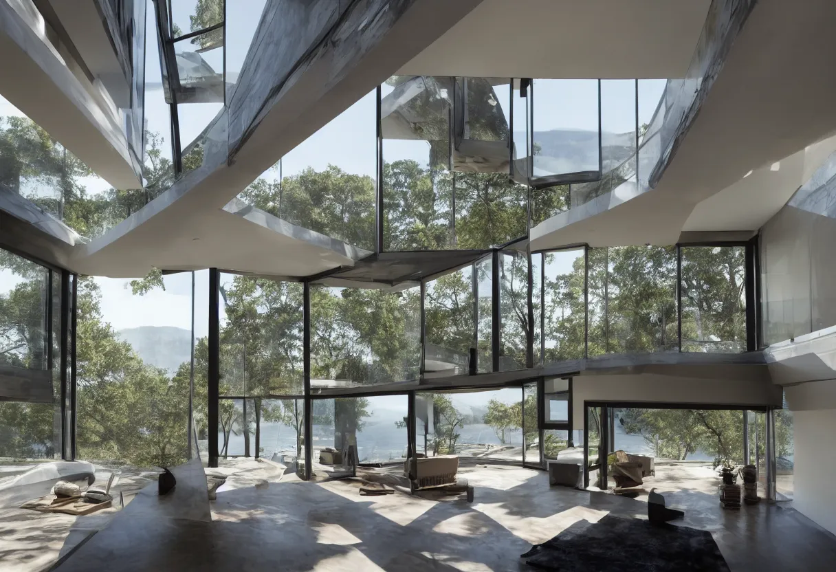 Image similar to Modern house interior with big windows dawn , on a cliff water view focus minimalistic epic architecture