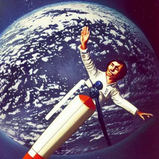 Image similar to carl sagan surfing on a rocket in outer space.
