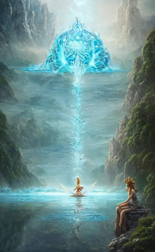 Image similar to the goddess of the lake, highly detailed, d & d, water everwhere fantasy, highly detailed, digital painting, trending on artstation, concept art, sharp focus, global illumination, ray tracing, illustration, art by artgerm and greg rutkowski and fuji choko and viktoria gavrilenko and hoang lap