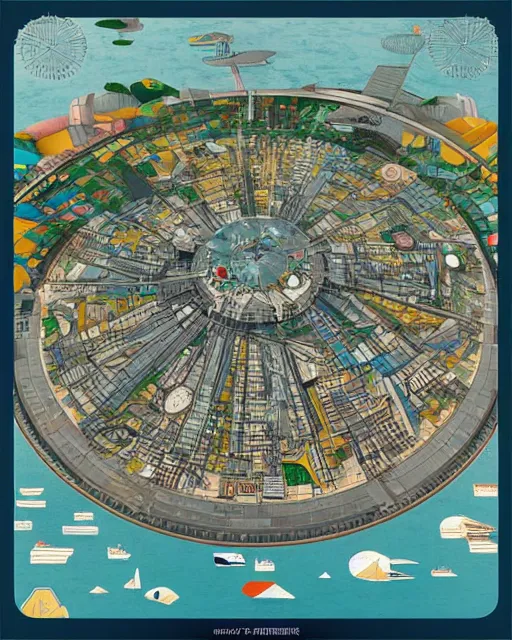 Prompt: a detailed infographic map of a futuristic city located in a round island surrounded by water with a few flying ships stationed around it, in the style of diego rivera schiele, axonometric exploded view
