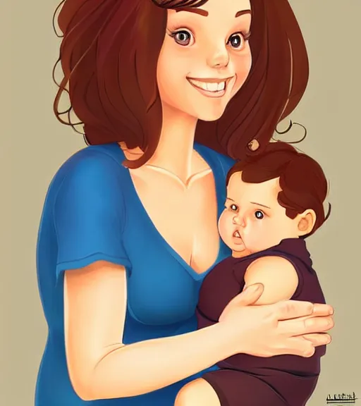 Image similar to a mother with short shoulder length dark auburn hair, short and curvy and a slightly chubby face holding her infant son with short brown hair full color digital illustration in the style of don bluth, artgerm, artstation trending, 4 k