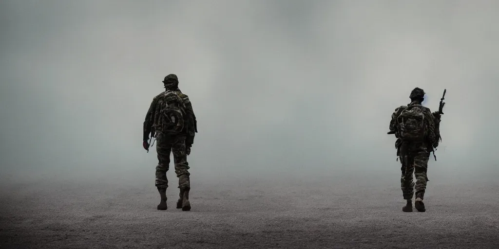 Prompt: a lone soldier walking from behind, cyan and red background, smoke