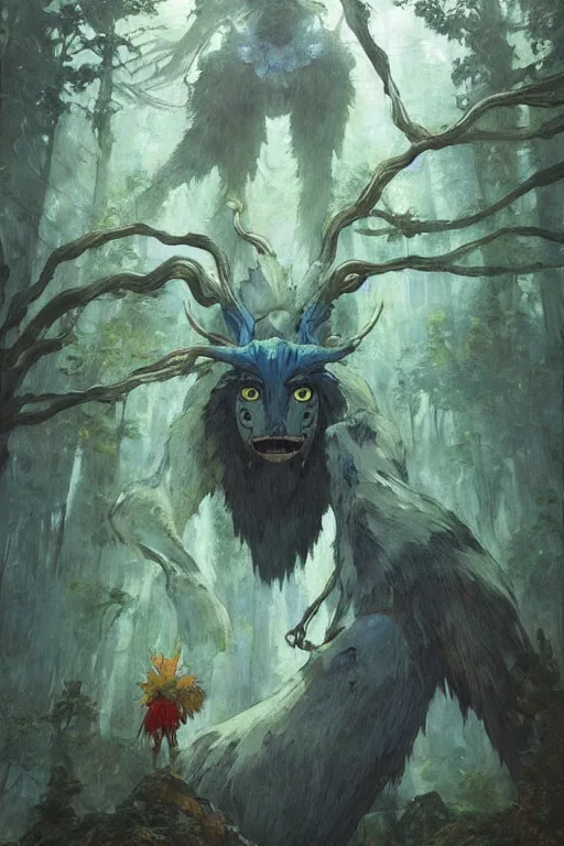 Prompt: amazing character, giant titan spirit of nature from princess mononoke animation film, painting by studio ghibli and ilya repin, toei animation, nice lighting, smooth tiny details, soft and clear shadows, low contrast, perfect