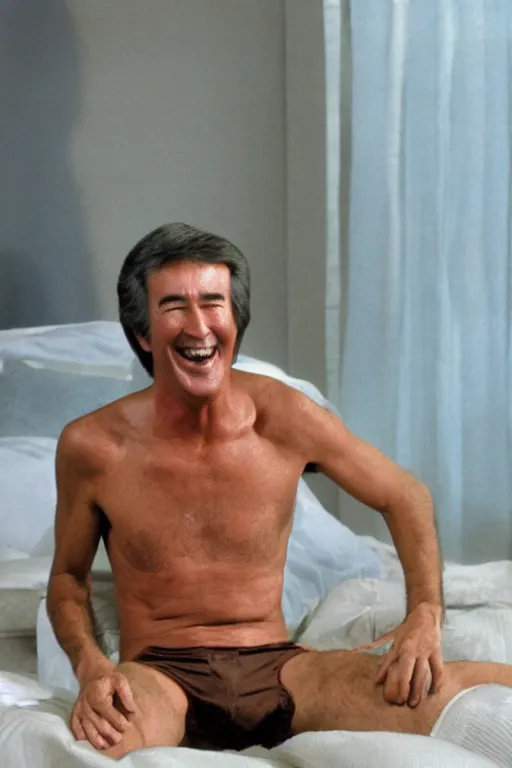 Image similar to Randy Mantooth laughing, dressed in underpants that are stained yellow and brown, highly detailed, 8k,