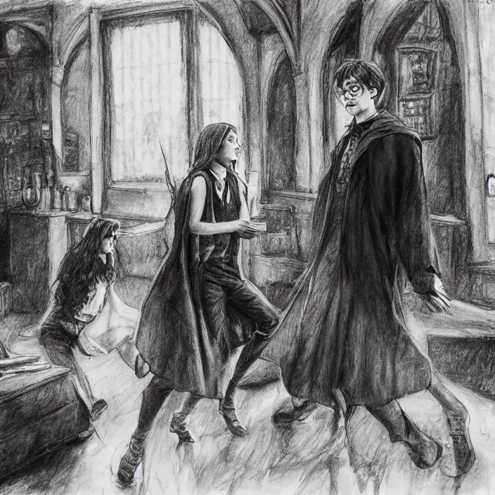 Prompt: Harry Potter Ron and Hermione in the Hogwarts common room, drawn by Mikhail Vrubel, hyper realistic face, high resolution