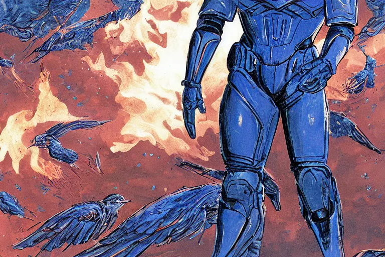 Prompt: an illustrated graphic novel image of a giant elon musk in blue battle armor walking toward the camera with fire and an explosion of dozens of blue birds, h.r. giger, ross tran