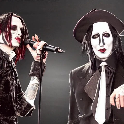 Image similar to A photorealistic photograph of Johnny Depp and Marilyn Manson performing on stage in a band. Trending on Artstation, featured on Behance, well-rendered, intricate, highly detailed, very crispy, Unreal Engine, 4K HD