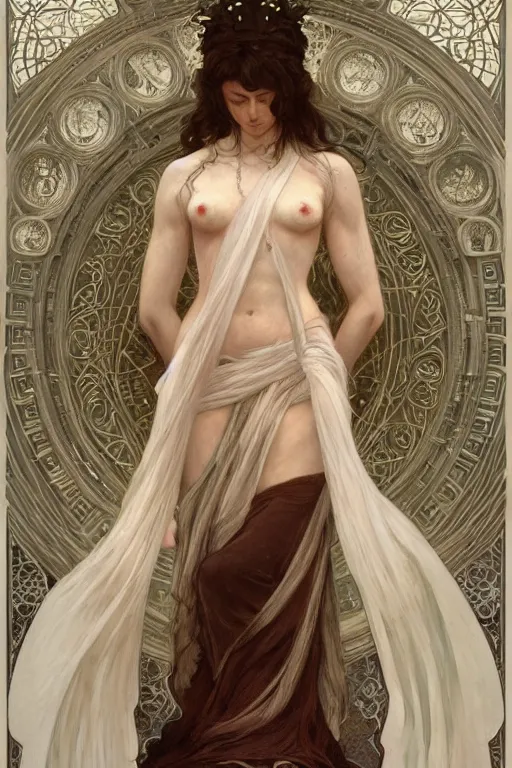 Image similar to a full body portrait of a beautiful ethereal delicate celtic mage queen meditative sacral pose catholic stages of the cross, intricate, elegant, highly detailed, digital painting, artstation, concept art, smooth, sharp focus, illustration, art by krenz cushart and artem demura and alphonse mucha