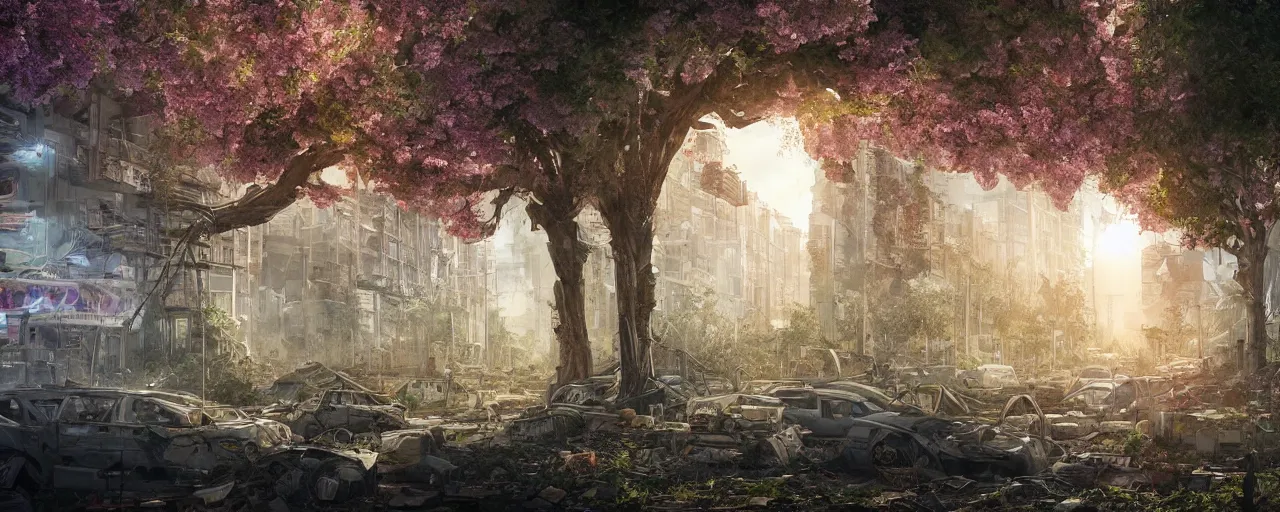 Image similar to A post-apocalyptic city swept by disaster, tall destroyed buildings with plants, an enormous cherry tree blossoming in the middle, biopunk, realistic, digital art, lens flare,