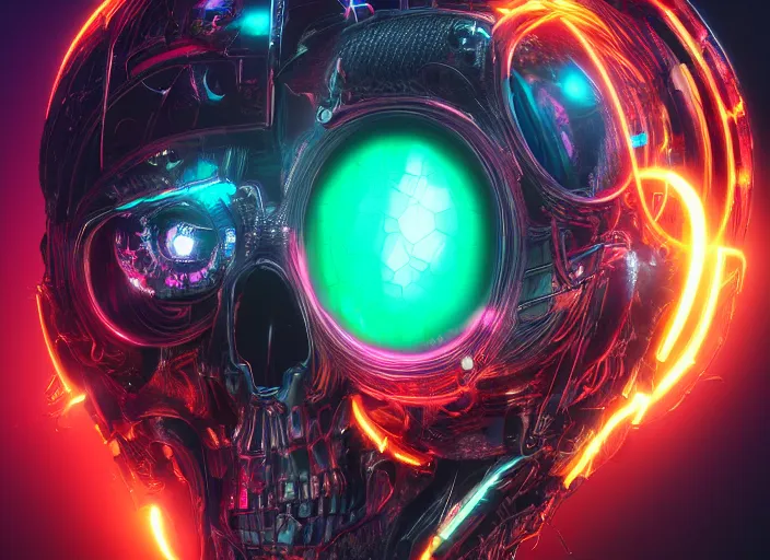 Image similar to a futuristic skull with glowing eyes and a wormhole tunnel, cyberpunk art by android jones, behance contest winner, computer art, darksynth, synthwave, rendered in cinema 4 d