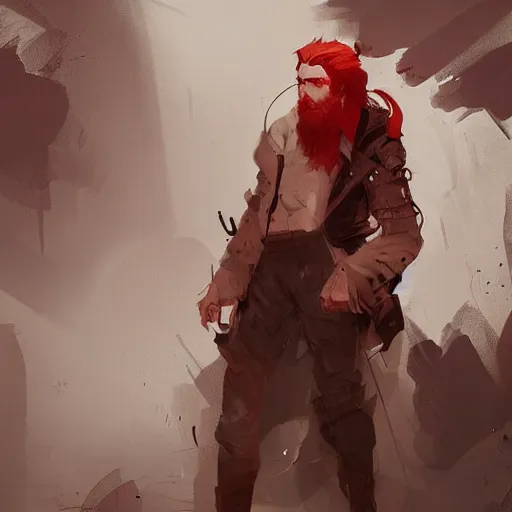 Image similar to human male character art, by Ismail Inceoglu, red hair, red beard, sunken eyes, scars, shabby clothes, digital art, dungeons and dragons, art