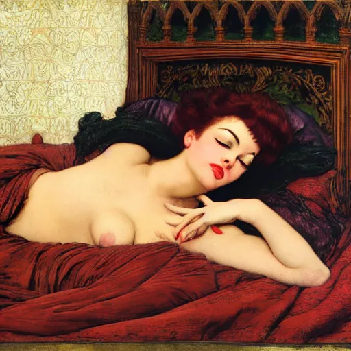 Image similar to reclining on bed, hybrid of judy garland and nicki minaj, aged 2 5, brown fringe, huge downslanted eds eyes, large full lips, wide shot, yellow ochre ornate medieval dress, john william waterhouse, kilian eng, rosetti, john everett millais, william holman hunt, william morris, 4 k