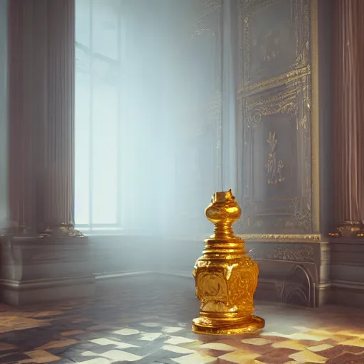 Image similar to A valuable golden object sits undamaged in the middle of an explosion damaged Victorian Art Nouveaux apartment amid the Fog of War, octane render