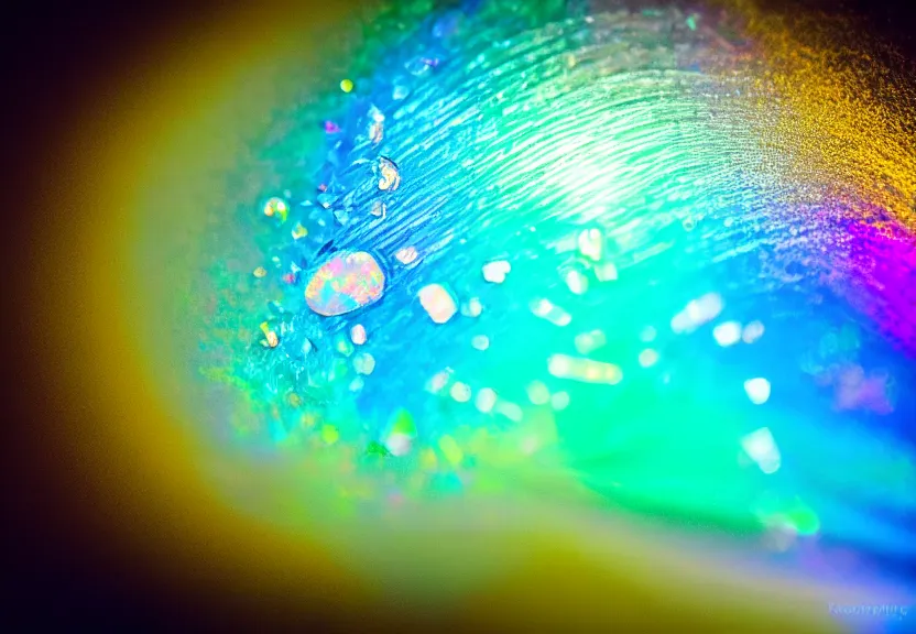 Prompt: a crashing iridescent wave with high refraction, glass, shining, opal, diamond, sapphire, topaz, nature, photo, motion blur, macro lens, soft, detailed, abstract, symmetrical composition, high quality