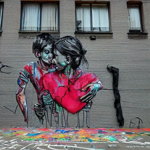 Image similar to a street art of thread knot connecting brother and sister by artur bordalo