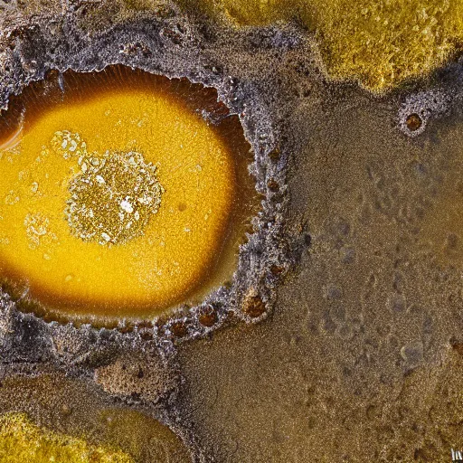 Image similar to a yellow and brown bacterial mat at a yellowstone hotspring, macro photography, extremely detailed