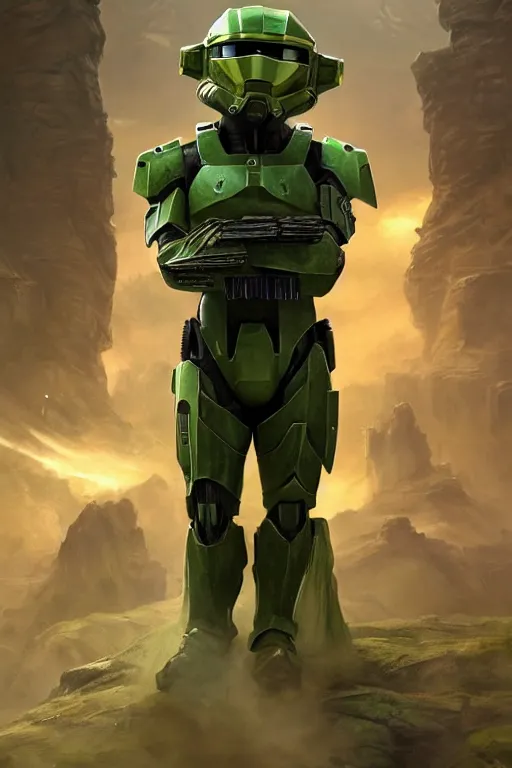 Prompt: master chief playing yoda in the new star wars movie, oil on canvas, intricate, portrait, 8 k highly professionally detailed, hdr, cgsociety