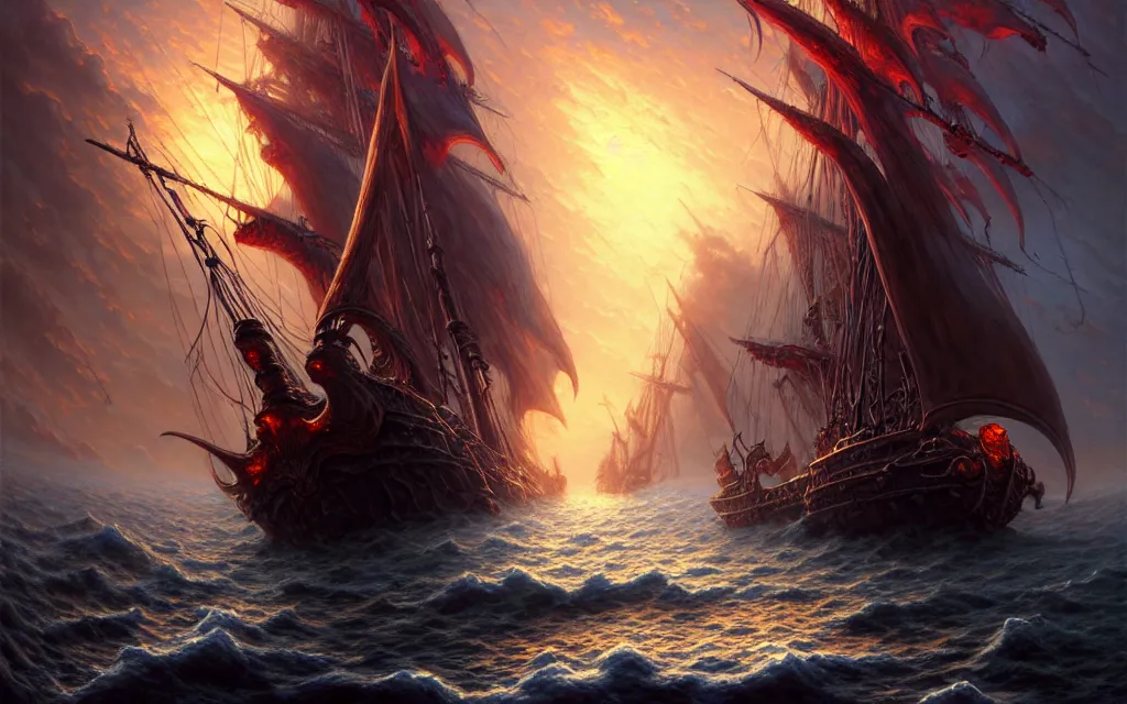 Prompt: death is swallowed up in victory, artwork by artgerm, skeletons on a pirate ship, sail made of fire, giant cthulhu breaching the water, wide angle, full body, fantasy, highly detailed, digital painting, artstation, sharp focus, art by thomas kinkade and stephan martiniere and kevin swartz